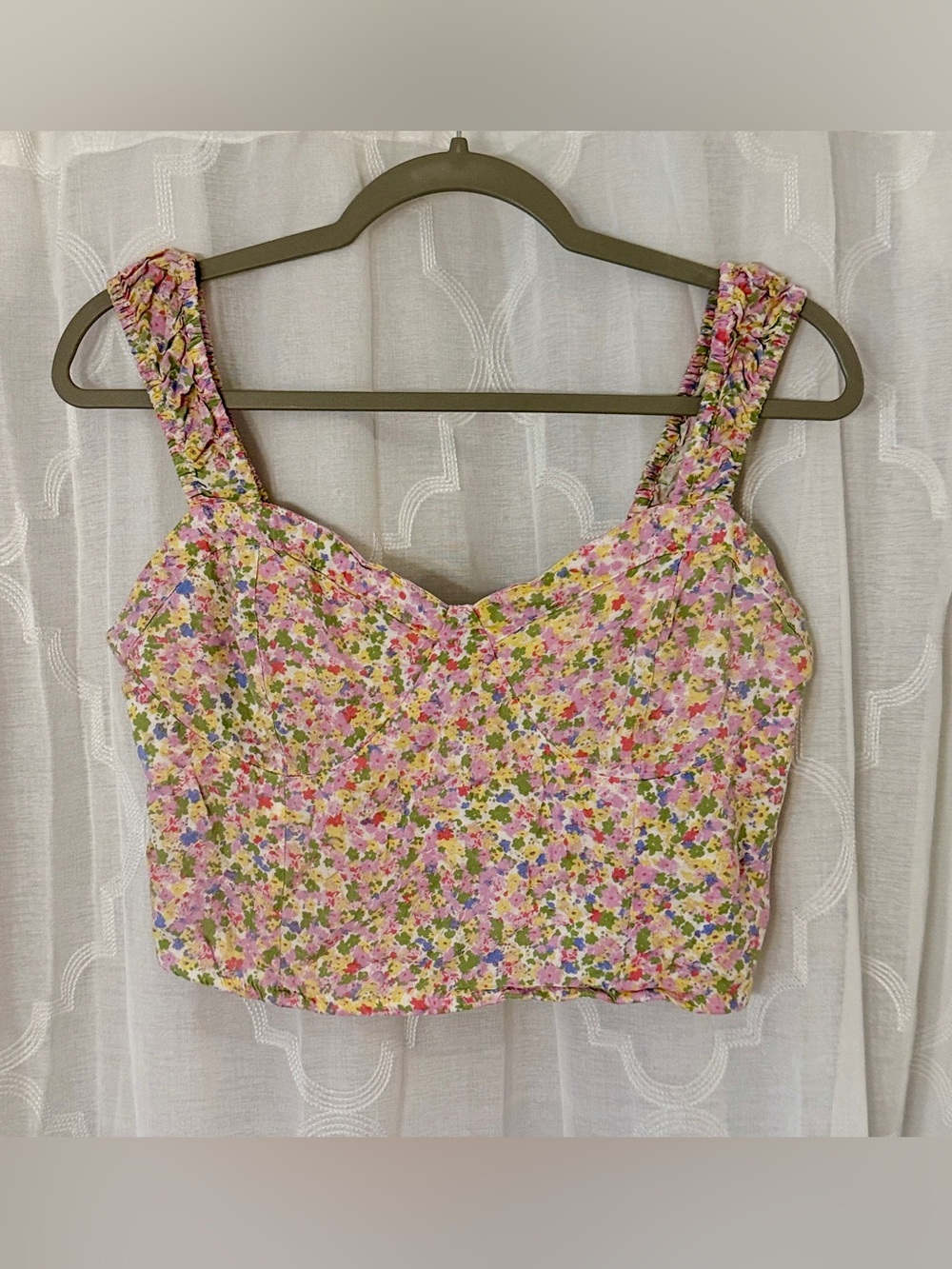 Pink Ditsy Floral Sweetheart Corset Crop Top Ruched Straps | Large